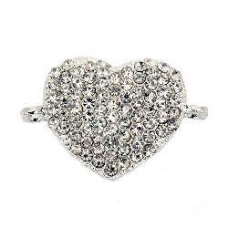 Lustrous metal heart, connecting element with clear crystals  29x19.5x3 mm hole 2 mm silver color