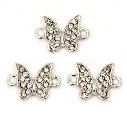 Delicate connecting metal element with clear crystals, butterfly 9x13x4 mm hole 2 mm silver color