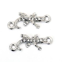 Connecting metal element, in the shape of lizard with crystals 23x9x3 mm hole 2 mm color silver