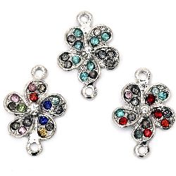 Metal flower shape, connecting element with colorful crystals 21x14x4 mm hole 1.5 mm silver color