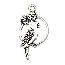 Round metal pendant with parrot and flowers for jewelry making 28x14.5x1.5 mm hole 1.5 mm color old silver - 10 pieces