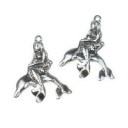 Metal pendant  mermaid and dolphin 27x23x5 mm hole 2 mm color old silver -2 pieces