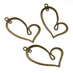Pandantiv metalic cu inimă pentru fabricarea bijuteriilor 42x21x2 mm orificiu 2 mm culoare bronz antic - 5 bucăți