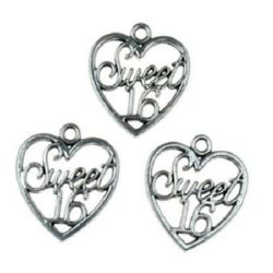 Pendant metal heart wth inscription "Sweet 16" inside 21x19x2 mm hole 2 mm color old silver - 5 pieces