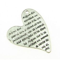 Pendant metal heart 47x38x1 mm hole 2 mm color old silver -2 pieces