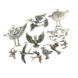 Assorted shapes and sizes metal birds, pendants 17±62.5x8±48.5x1±8 mm hole 2±4 mm color old silver - 20 grams