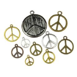Assorted sizes metal hippie sign Peace, pendants 11~49x9~45x1~2 mm hole 1~3 mm assorted colors - 20 grams