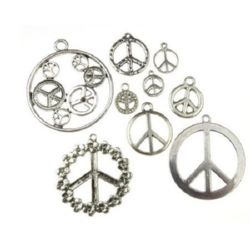 Various sizes and surfaces metal hippie sign Peace, pendants 11~49x9~45x1~2 mm hole 1~3 mm color old silver - 20 grams