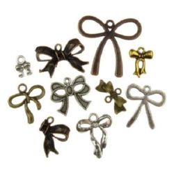 Various of types and sizes metal ribbon bow, pendants 10~29.5x8~32x1~4 mm hole 2~4 mm assorted colors - 20 grams