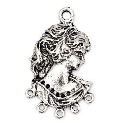 Woman's face, metal connecting bead  42x26x3 mm hole 3 mm color old silver - 2 pieces