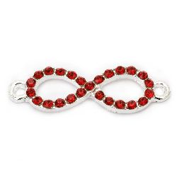 Metal connector in infinity sign shape with red crystals 32x10x3 mm hole 2 mm color silver - 2 pieces