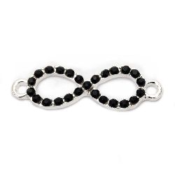 Metal connecting element, infinity sign bead with black crystals 32x10 mm hole 2 mm color white