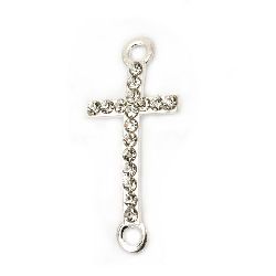 Metal jewelry component - connecting element cross with crystals  32x14 mm hole 2 mm color white