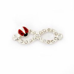 Connecting element, metal infinity sign with ladybug and crystals 33x12 mm hole 1.5 mm color white