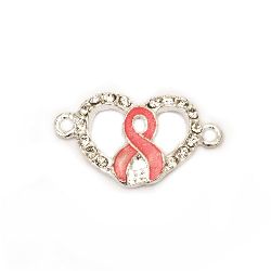 Metal jewelry component - connector, heart with crystals and red ribbon 17x28.5x3 mm hole 2 mm color white