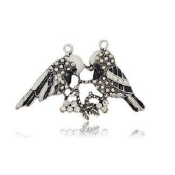 Metal charm pair of dyed birds with rhinestones 41x67x5 mm hole 2.5 mm color old silver