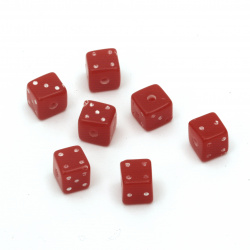 Χάντρα πλαστική   ζάρι 6x6 mm τρύπα 1 mm κόκκινο με λευκό -20 γραμμάρια ~ 75 τεμάχια