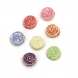 Two-colored Round Plastic Bead with Ornaments, 10x4 mm, Hole: 2 mm, MIX -50 grams ~ 157 pieces