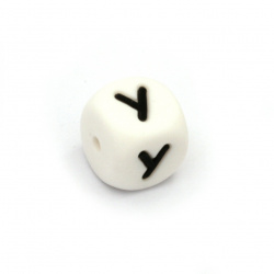 Silicone Beads with letter У, cube, white, 12x12 mm, hole size 2.5 mm -1 pc