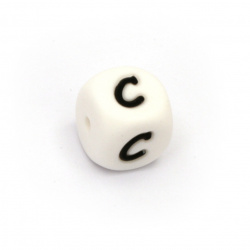 Silicone Beads with letter С, cube, white, 12x12 mm, hole size 2.5 mm -1 pc