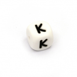 Silicone Beads with letter K, cube, white, 12x12 mm, hole size 2.5 mm -1 pc