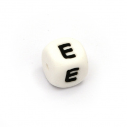 Silicone Beads with letter Е, cube, white, 12x12 mm, hole size 2.5 mm -1 pc