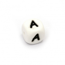 Silicone Beads with letter А, cube, white, 12x12 mm, hole size 2.5 mm -1 pc