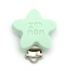 Silicone clip for pacifier star I love Mom 45x39x18 mm color green - 1 piece