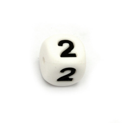 Cube Silicone Bead with Figure 2, 12x12 mm, Hole: 2.5 mm, White 