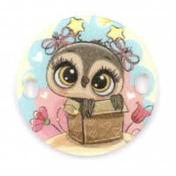 Cute Round Connector Bead with Print / Cartoon Owl, 25x2 mm, Hole: 2x3 mm - 5 pieces