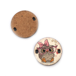 Cute Connecting Link Element made of MDF with Print / Owl with Ribbon, for Accessories and Decoration, 25x3 mm, Holes: 2x3 mm - 5 pieces