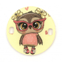 Round Plastic Connector with Print for Girls / Cartoon Owl, 25x2 mm, Holes: 2x3 mm - 5 pieces
