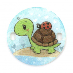 Round Connecting Tile with Print / Cartoon Turtle, 25x2 mm, Holes: 2x3 mm - 5 pieces