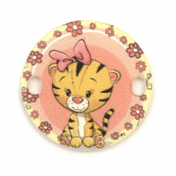 Round Plastic Link Tile with Print / Cartoon Tiger, 25x2 mm, Holes: 2x3 mm - 5 pieces