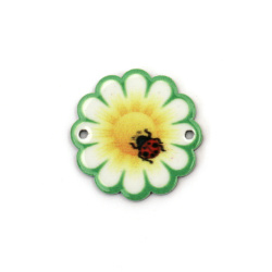 Acrylic Connecting Element for Martenitsas, Daisy with Ladybug /  25x24x2 mm, Holes: 1 mm - 5 pieces