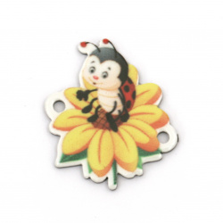 Printed Acrylic Bead Connector, Ladybug on a Sunflower 26x28x2 mm, hole 2 mm - 10 pieces