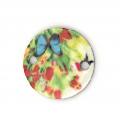 Acrylic Bead Connector, Round with flowers and Butterfly Print  20x20x2 mm, hole 2 mm - 10 pieces