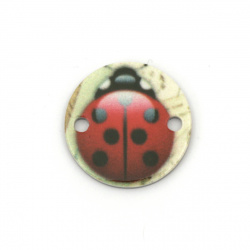 Acrylic Bead Connector, Round with Ladybug Print 20x20x2 mm, hole 2 mm - 10 pieces