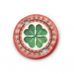 Acrylic Bead Connector, Round with Four leaf Clover Print 20x20x2 mm hole 2 mm - 10 pieces
