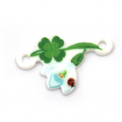 Acrylic connecting element snowdrop with clover and ladybug 26x16x2 mm hole 2 mm - 10 pieces