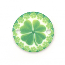 Acrylic Bead Connector, Round with Four leaf Clover Print 20x20x2 mm, hole 2 mm - 10 pieces