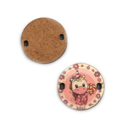 Connector Link made of MDF, Connecting Element with Pink Print with Unicorn, 25x3 mm, Hole: 2x3 mm -5 pieces