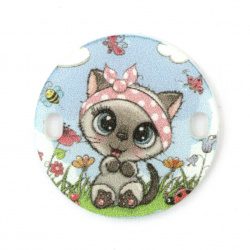 Round Connecting Tile for Kids CRAFT / Cute Cartoon Kitten, 25x2 mm, Hole: 2x3 mm -5 pieces