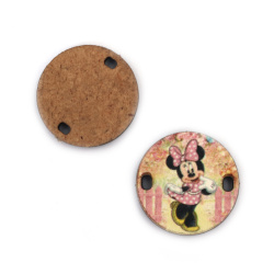 Round Connector Link from MDF with Print: Cute Mouse with Pink Dress / 25x3 mm, Hole: 2x3 mm - 5 pieces