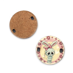 Round MDF Connecting Element with Print / Cute Bunny Rabbit with Ribbon, 25x3 mm, Hole: 2x3 mm - 5 pieces
