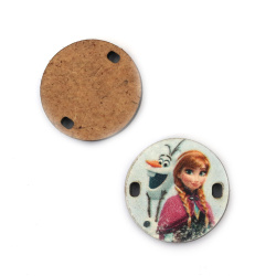 Circle Shaped MDF Connecting Element with 2 holes and Print / Girl with Snowman, 25x3 mm, Hole: 2x3 mm - 5 pieces