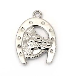 Pendant CCB horse with horseshoe 35x26x4 mm hole 2 mm color silver -10 pieces