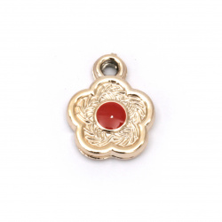 Plastic Flower Pendant with Metal Finish, 19.5x15.5x3.5 mm, Hole: 2 mm, Gold with Red -10 pieces