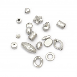 ASSORTED Shapes Collection of Solid Plastic Beads, 4 ± 17 mm, Hole: 1 ± 3 mm, Silver - 50 grams