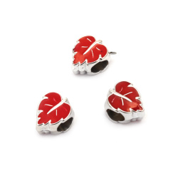 CCB Leaf Bead / 12x10x8 mm,  Hole: 5 mm / Silver with Red - 5 pieces